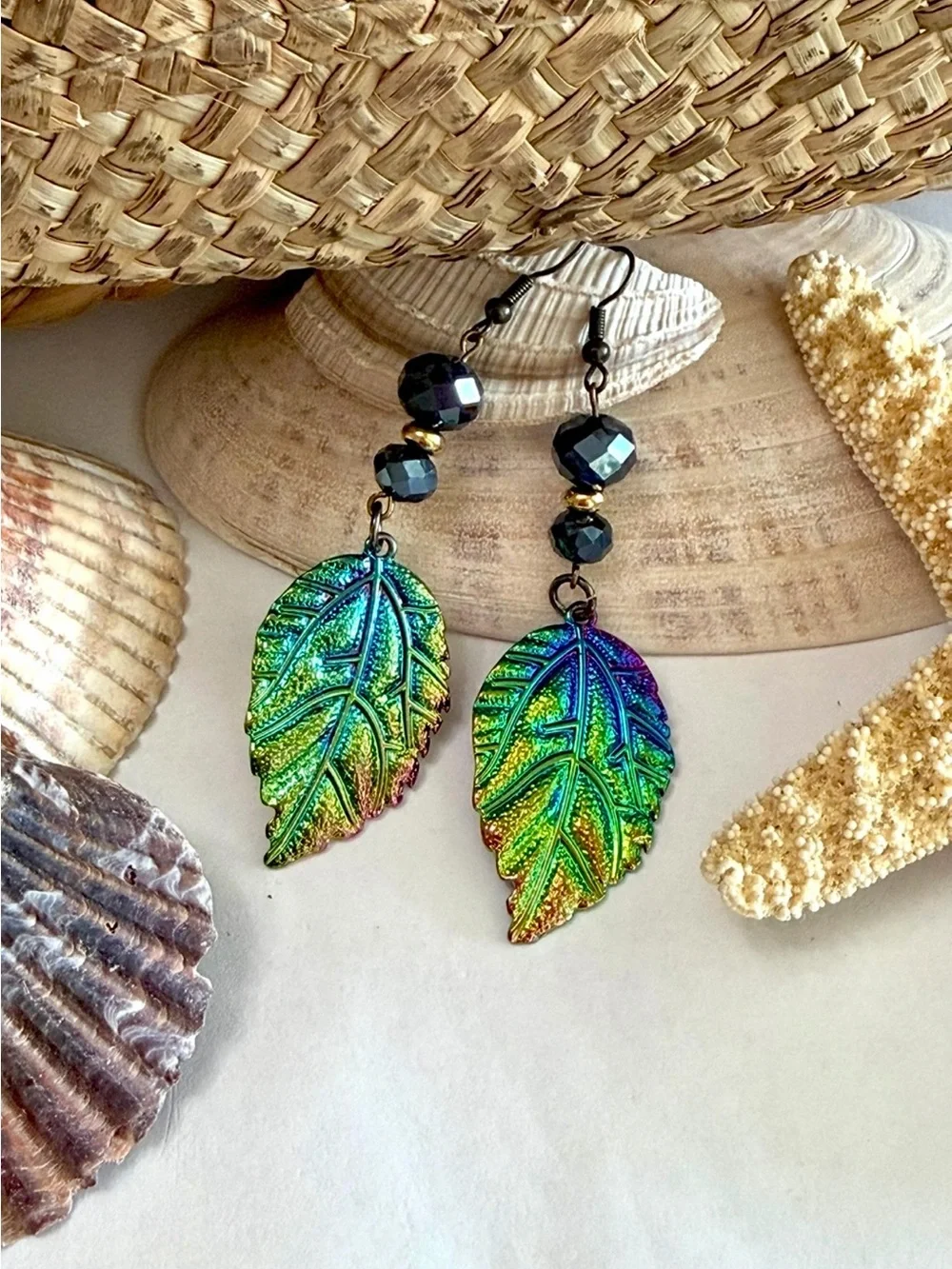 Iridescent Rainbow Titanium Leaf Crystal Boho  Beaded Earrings
